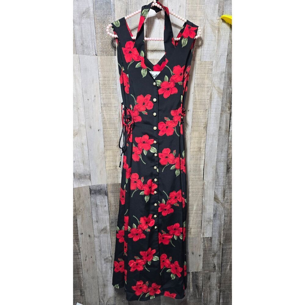 Sally Vintage 90s Black Floral Halter Tank Midi Dress XL/1X Retro Femme Formal